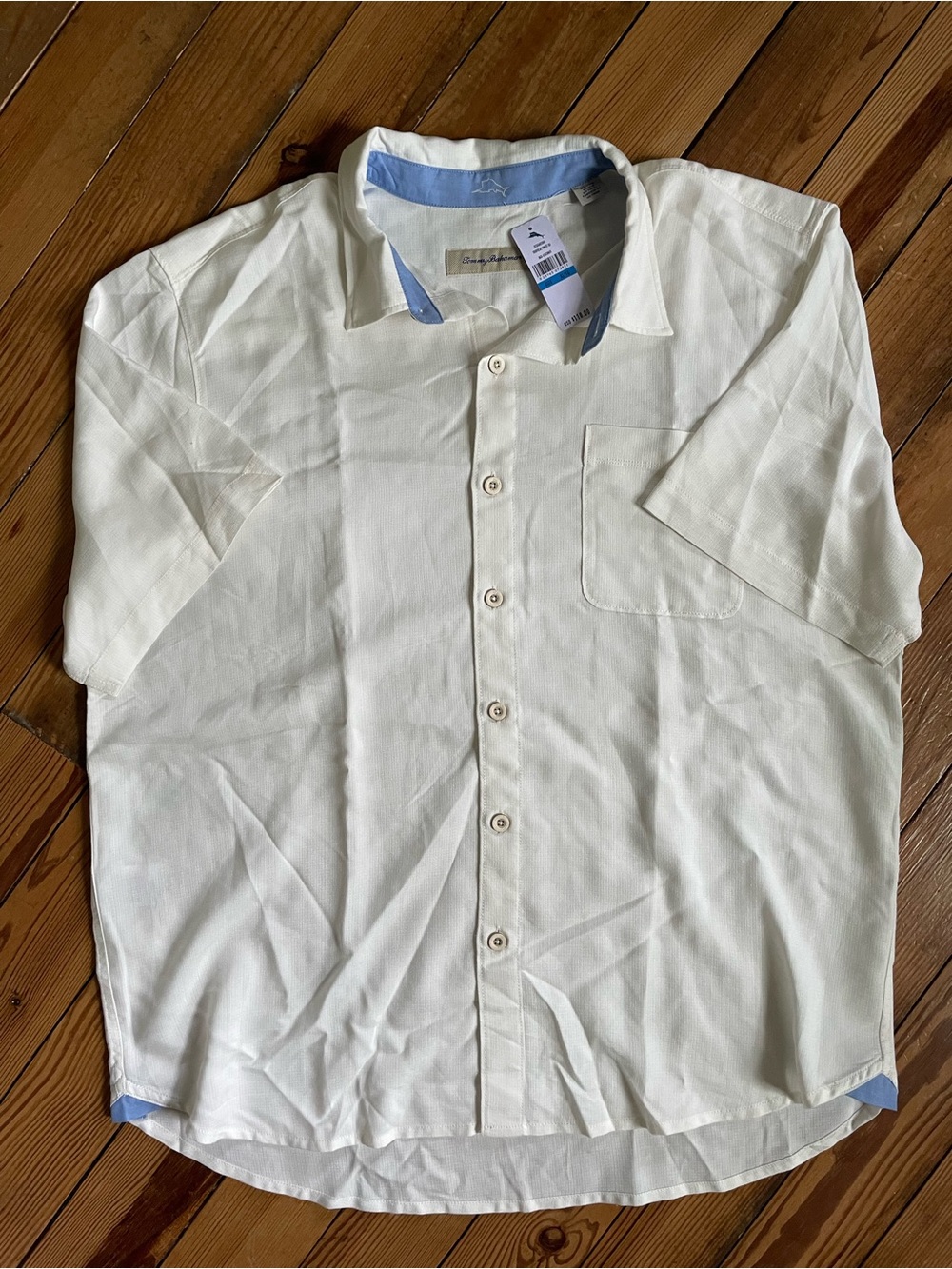 Tommy Bahama Short Sleeve Button-Down Shirt in Cream with Blue Trim